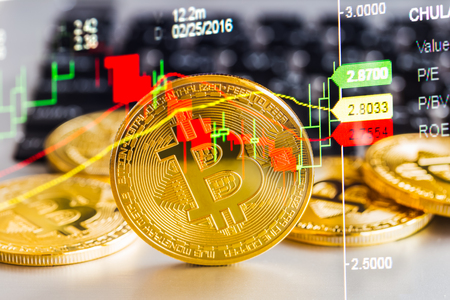 Modern way of exchange. Bitcoin is convenient payment in global economy market. Virtual digital currency and financial investment trade concept. Abstract cryptocurrency with gold bitcoin background.の写真素材