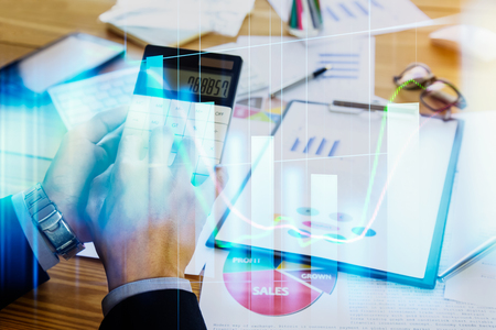 Stock market or forex trading graph and candlestick chart suitable for financial investment concept. Economy trends background for business idea and all art work design. Abstract finance background.の写真素材