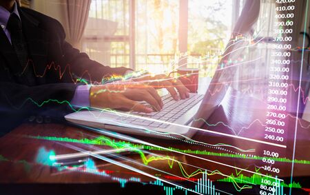 Stock market or forex trading graph and candlestick chart suitable for financial investment concept. Economy trends background for business idea and all art work design. Abstract finance background.の写真素材