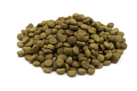 Full dog food on stainless dish on white background with clipping path for design about pet shop....