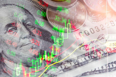 Stock market or forex trading graph and candlestick chart suitable for financial investment concept. Economy trends background for business idea and all art work design. Abstract finance background.の写真素材