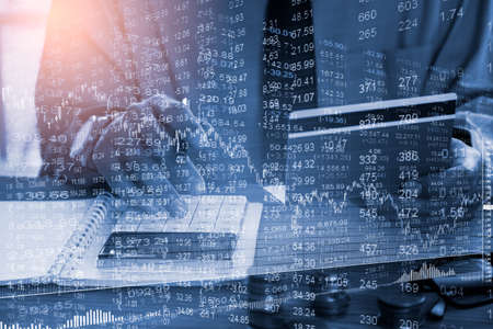 Stock market or forex trading graph and candlestick chart suitable for financial investment concept. Economy trends background for business idea and all art work design. Abstract finance background.の写真素材