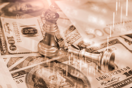 Chess game on chess board behind business man background. Business concept to present financial information and marketing strategy analysis. Investment target in global economy and digital commercial.の写真素材
