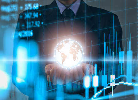 Double exposure businessman and stock market or forex graph suitable for financial investment concept. Economy trends background for business idea and all art work design. Abstract finance background.の写真素材