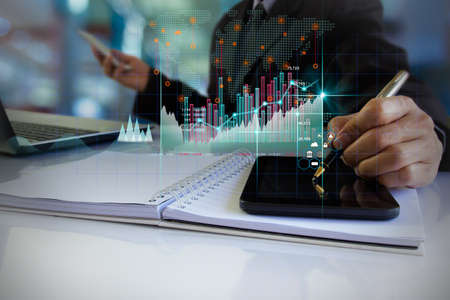 Stock market or forex trading graph and candlestick chart suitable for financial investment concept. Economy trends background for business idea and all art work design. Abstract finance background.の写真素材