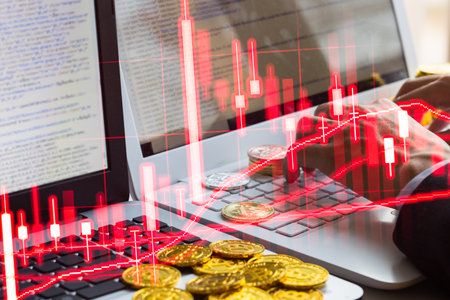 Modern way of exchange. Bitcoin is convenient payment in global economy market. Virtual digital currency and financial investment trade concept. Abstract cryptocurrency with gold bitcoin background.の写真素材