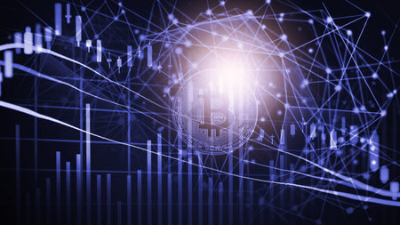 Modern way of exchange. Bitcoin is convenient payment in global economy market. Virtual digital currency and financial investment trade concept. Abstract cryptocurrency with gold bitcoin background.の写真素材