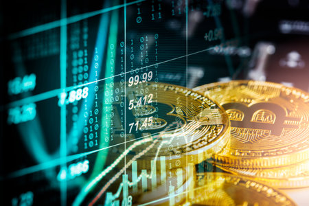 Modern way of exchange. Bitcoin is convenient payment in global economy market. Virtual digital currency and financial investment trade concept. Abstract cryptocurrency with gold bitcoin background.の写真素材