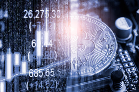 Modern way of exchange. Bitcoin is convenient payment in global economy market. Virtual digital currency and financial investment trade concept. Abstract cryptocurrency with gold bitcoin background.の写真素材