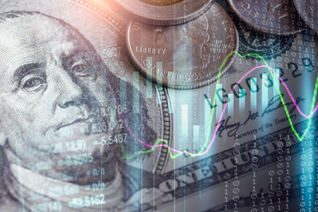 Stock market or forex trading graph and candlestick chart suitable for financial investment concept. Economy trends background for business idea and all art work design. Abstract finance background.の写真素材