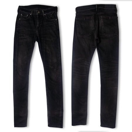 Denim texture in close up view with copy space isolate on white background with clipping path. Blue jeans pattern no seam with macro to preset about classic fashion cloths concept. Indigo color fabricの写真素材