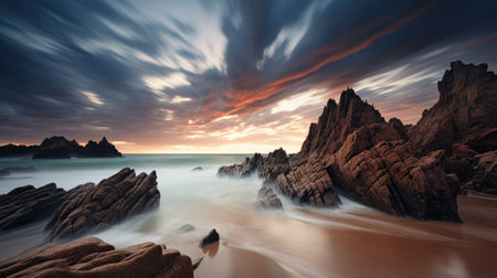natural scenic Beautiful seascape countryside wonderful springtime seascape on beach. stone field and rolling hills. rural scenery. AI Generated. AI Generative.の素材