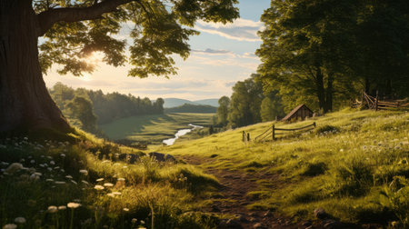 natural scenic Beautiful landscape countryside wonderful springtime landscape in mountains. grassy field and rolling hills. rural scenery. AI Generated. AI Generative.の素材