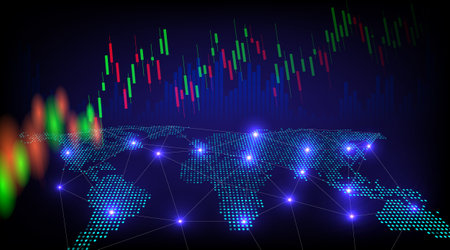 Stock market or forex trading graph and candlestick chart suitable for financial investment concept. Economy trends background for business idea and abstract finance background. Veのイラスト素材