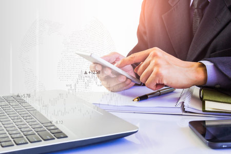 Stock market or forex trading graph and candlestick chart suitable for financial investment concept. Economy trends background for business idea and all art work design. Abstract finance background.の写真素材