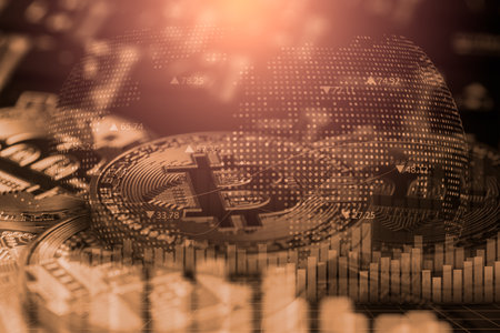 Modern way of exchange. Bitcoin is convenient payment in global economy market. Virtual digital currency and financial investment trade concept. Abstract cryptocurrency with gold bitcoin background.の写真素材