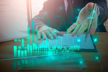 Stock market or forex trading graph and candlestick chart suitable for financial investment concept. Economy trends background for business idea and all art work design. Abstract finance background.の写真素材