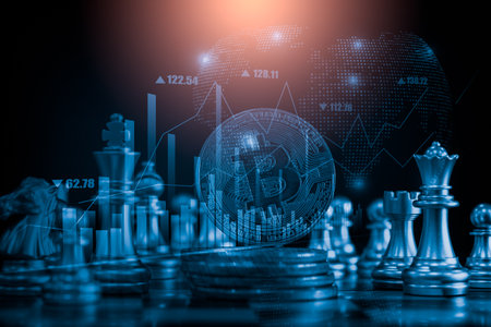 Modern way of exchange. Bitcoin is convenient payment in global economy market. Virtual digital currency and financial investment trade concept. Abstract cryptocurrency with gold bitcoin background.の写真素材