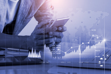 Stock market or forex trading graph and candlestick chart suitable for financial investment concept. Economy trends background for business idea and all art work design. Abstract finance background.の写真素材