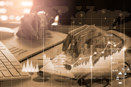 Stock market or forex trading graph and candlestick chart suitable for financial investment concept. Economy trends background for business idea and all art work design. Abstract finance background.の写真素材