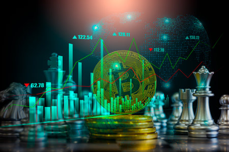 Modern way of exchange. Bitcoin is convenient payment in global economy market. Virtual digital currency and financial investment trade concept. Abstract cryptocurrency with gold bitcoin background.の写真素材