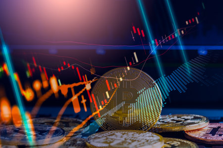 Modern way of exchange. Bitcoin is convenient payment in global economy market. Virtual digital currency and financial investment trade concept. Abstract cryptocurrency with gold bitcoin background.の写真素材