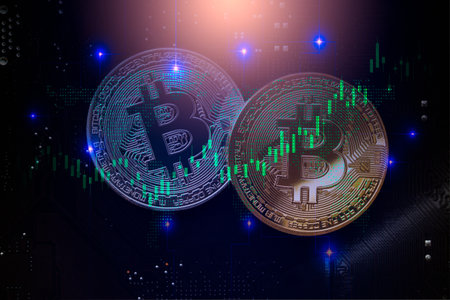 Modern way of exchange. Bitcoin is convenient payment in global economy market. Virtual digital currency and financial investment trade concept. Abstract cryptocurrency with gold bitcoin background.の写真素材