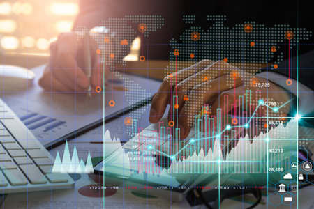 Stock market or forex trading graph and candlestick chart suitable for financial investment concept. Economy trends background for business idea and all art work design. Abstract finance background.の写真素材