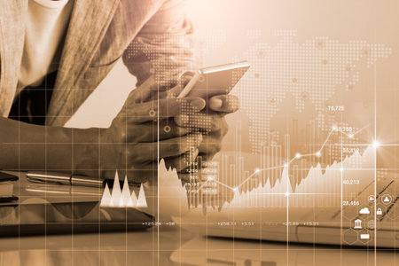 Stock market or forex trading graph and candlestick chart suitable for financial investment concept. Economy trends background for business idea and all art work design. Abstract finance background.の写真素材