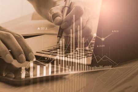 Stock market or forex trading graph and candlestick chart suitable for financial investment concept. Economy trends background for business idea and all art work design. Abstract finance background.の写真素材