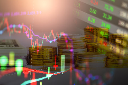Stock market or forex trading graph and candlestick chart suitable for financial investment concept. Economy trends background for business idea and all art work design. Abstract finance background.の写真素材