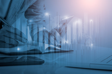 Stock market or forex trading graph and candlestick chart suitable for financial investment concept. Economy trends background for business idea and all art work design. Abstract finance background.の写真素材