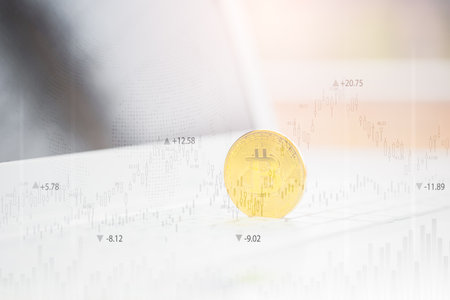 Modern way of exchange. Bitcoin is convenient payment in global economy market. Virtual digital currency and financial investment trade concept. Abstract cryptocurrency with gold bitcoin background.の写真素材