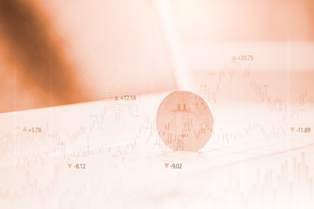 Modern way of exchange. Bitcoin is convenient payment in global economy market. Virtual digital currency and financial investment trade concept. Abstract cryptocurrency with gold bitcoin background.の写真素材