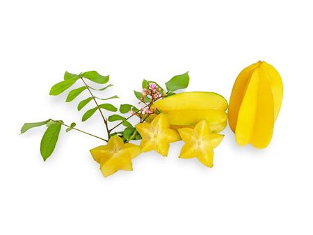 star fruit or carambola or star apple sliced with green leaf isolated on white backgroundの写真素材