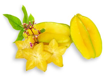 star fruit or carambola or star apple sliced with green leaf isolated on white backgroundの写真素材