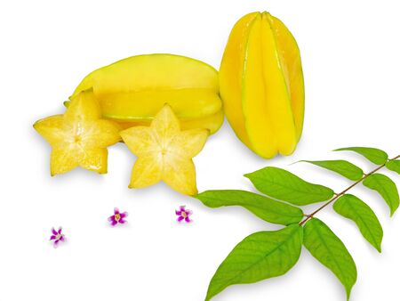 star fruit or carambola or star apple sliced with green leaf isolated on white backgroundの写真素材
