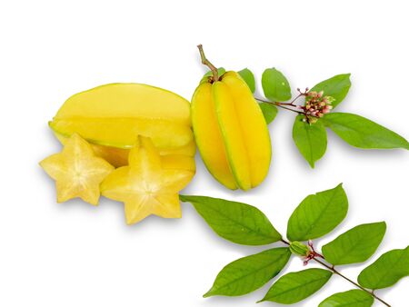 star fruit or carambola or star apple sliced with green leaf isolated on white backgroundの写真素材