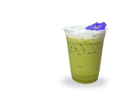 Ice matcha green tea latte in cup isolated on white background, cafe conceptの写真素材
