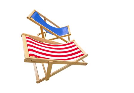 wooden deck chair isolated on white backgroundの写真素材