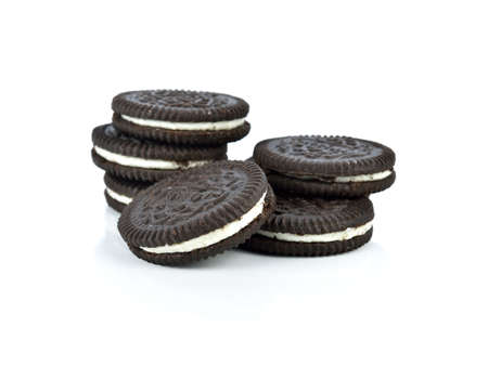 Chocolate cookies with cream isolated on white background.