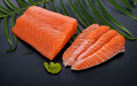Fresh raw salmon on wood.の写真素材