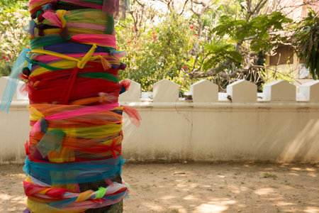 Thai color spiritual fabric in templeの写真素材