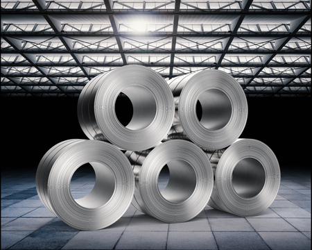3d rendering heap of roll of steel sheets in factoryの写真素材