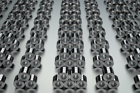 3d rendering heap of roll of steel sheets in factoryの写真素材