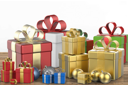 3d rendering heap of gift boxes and christmas ballsの写真素材