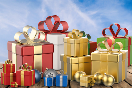3d rendering heap of gift boxes and christmas ballsの写真素材