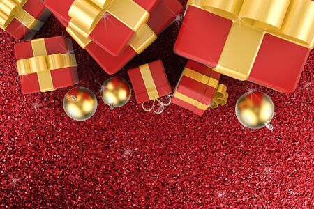 3d rendering gift boxes with christmas balls top viewの写真素材