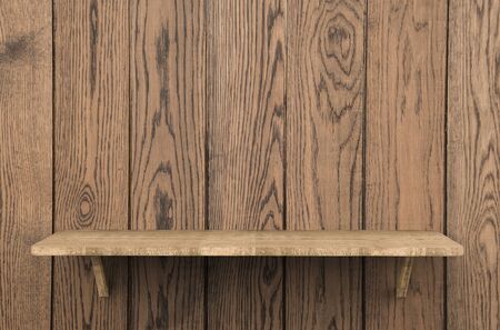 3d rendering wooden shelf on wooden backgroundの写真素材