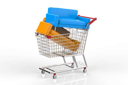 furniture shopping concept with 3d rendering mock up sofa in shopping cartの写真素材